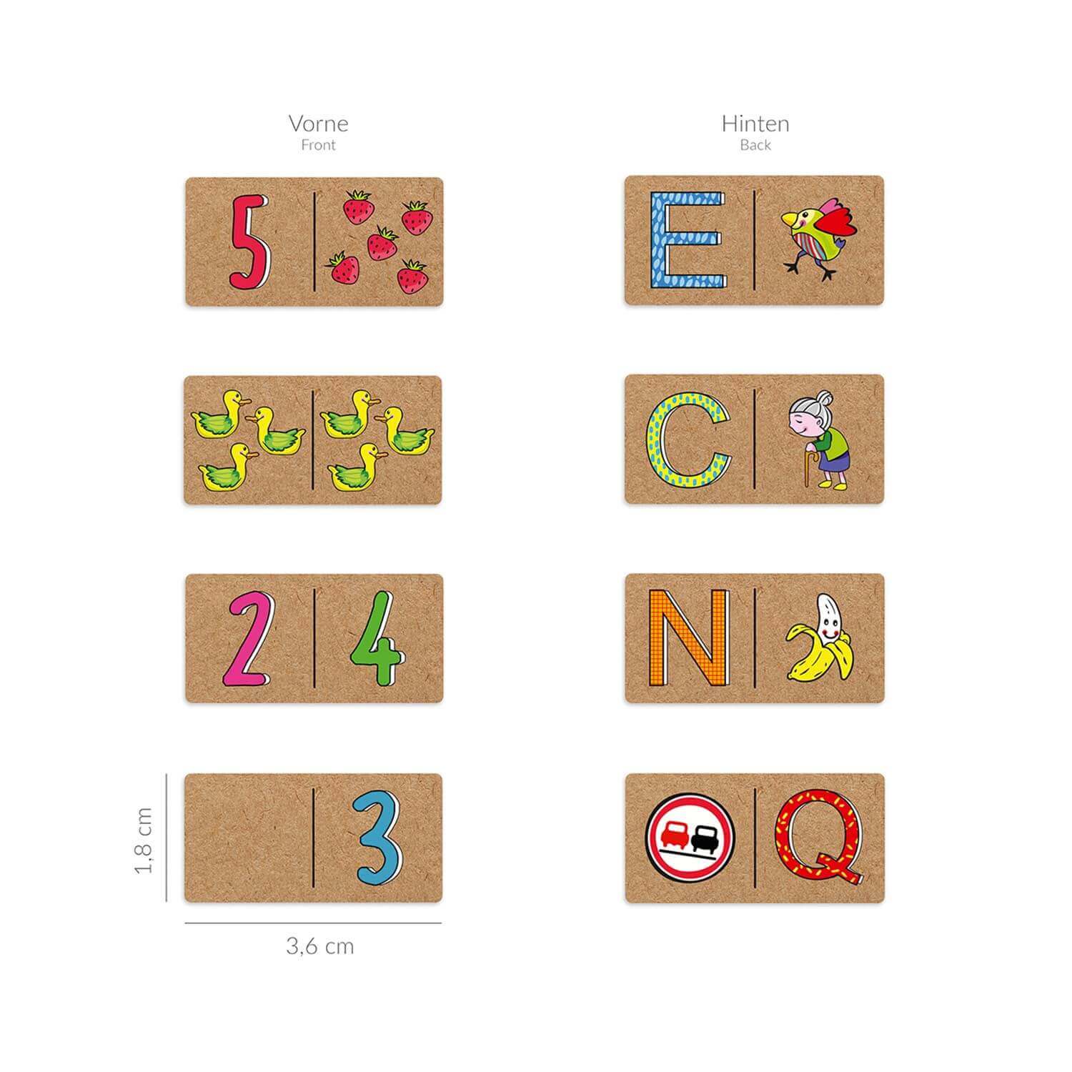 ABC Domino Lernspiel ABC & Zahlen, spielerisches Lernen von Zahlen und Buchstaben, 28 Karten