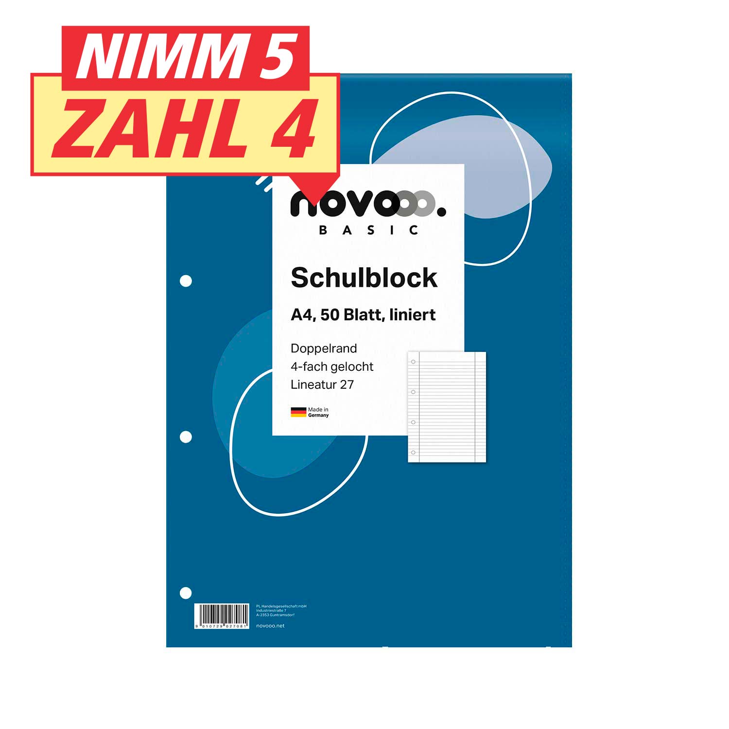 novooo Basic Schulblock Lineatur 27 A4 50 Blatt